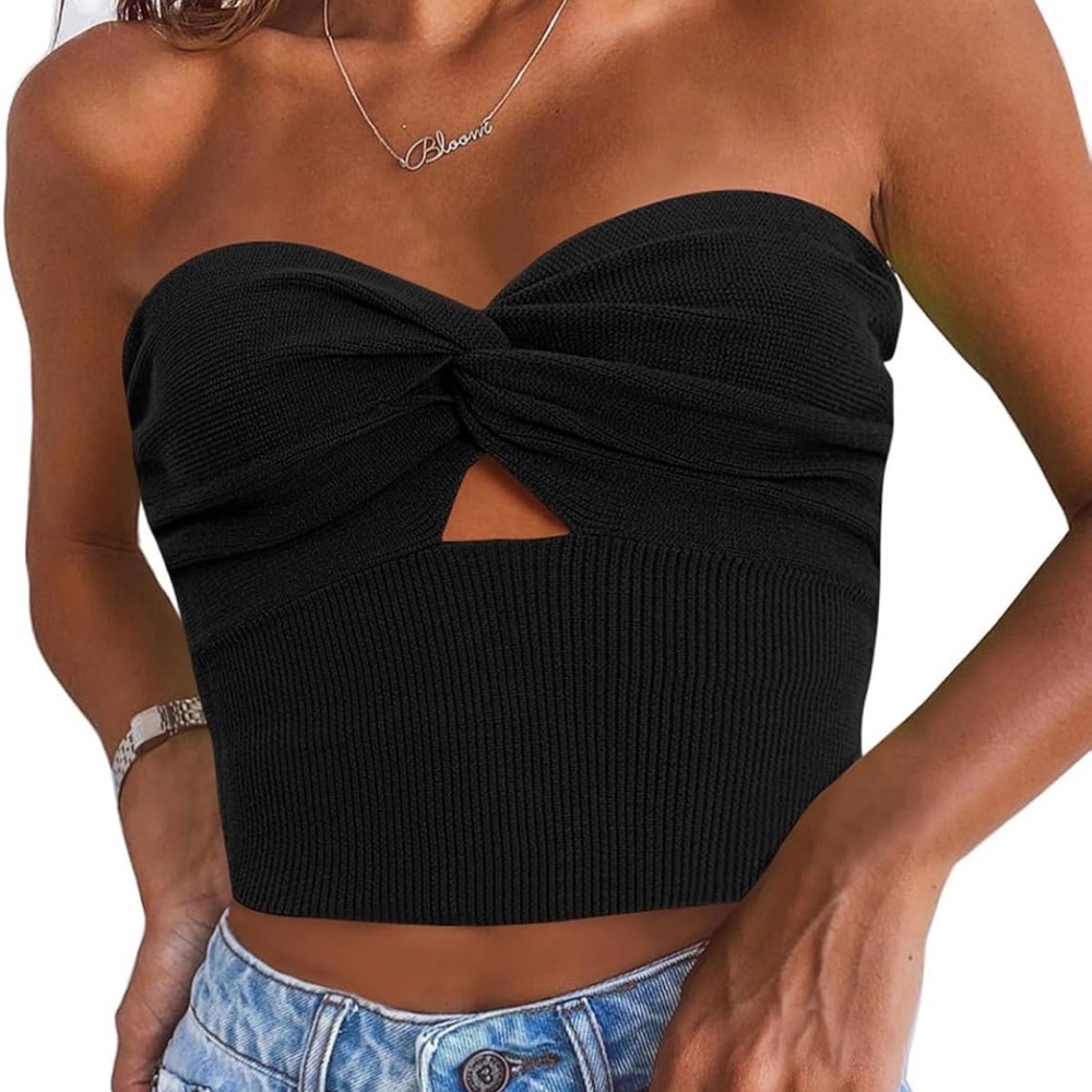 Black Strapless Twist Front Top